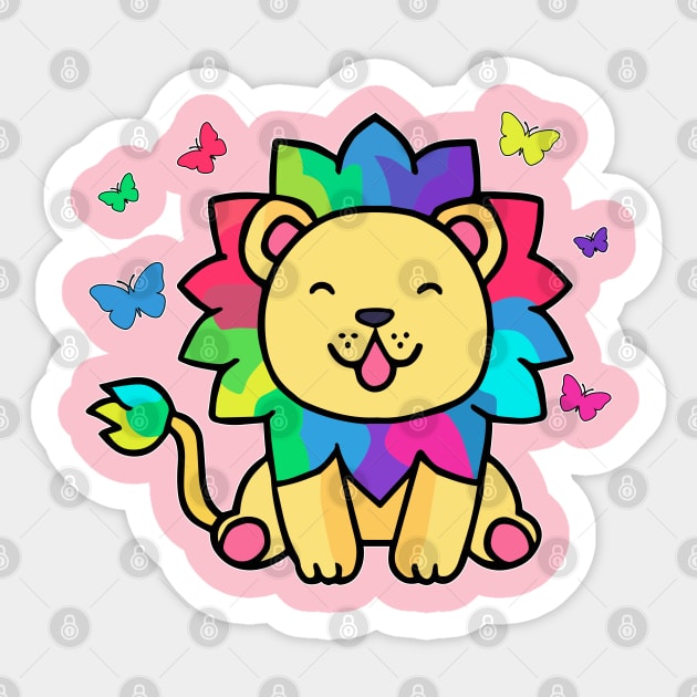 Happy smiling lion with butterflies. Kawaii cartoon Sticker by SPJE Illustration Photography